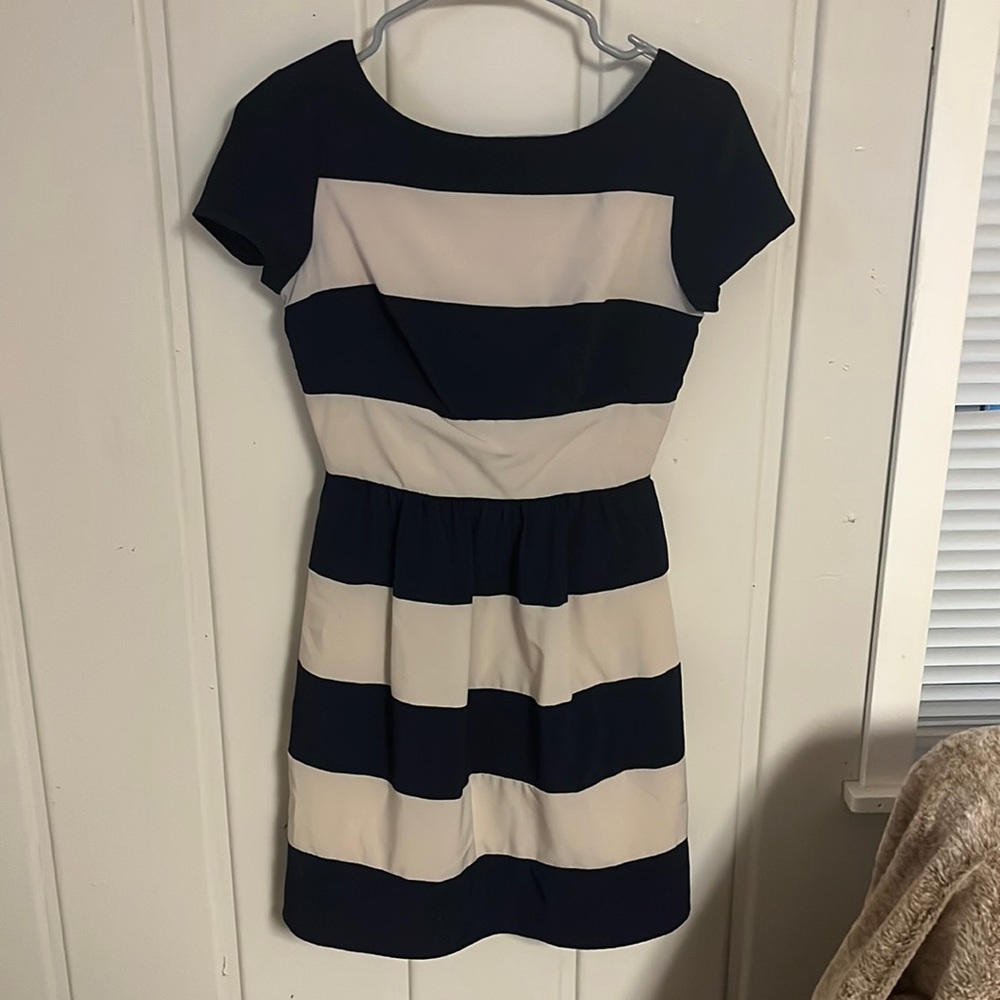 B. Darlin Tan and Navy Striped Dress, Size XS